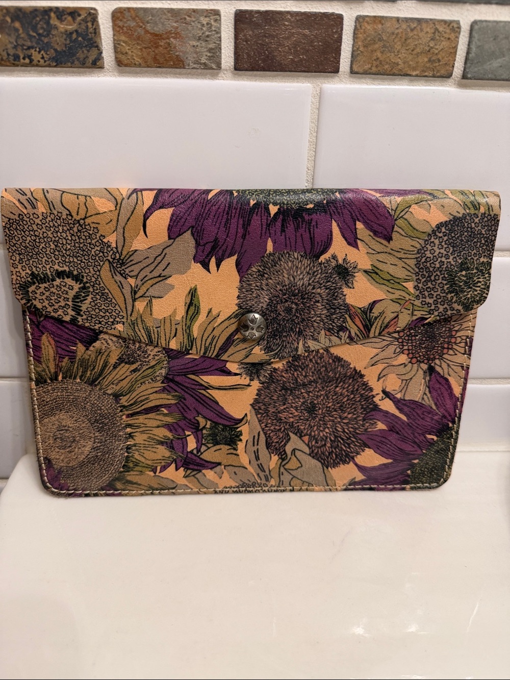 Patricia Nash Yellow Beige Floral Sunflower Clutch with Purple Accents